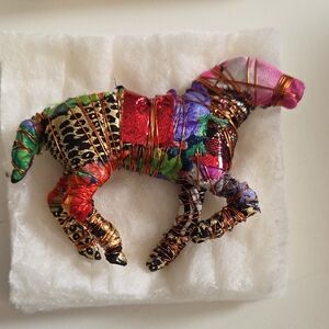 Wire Wrapped Mixed Media Pin/brooch Horse Patchwork